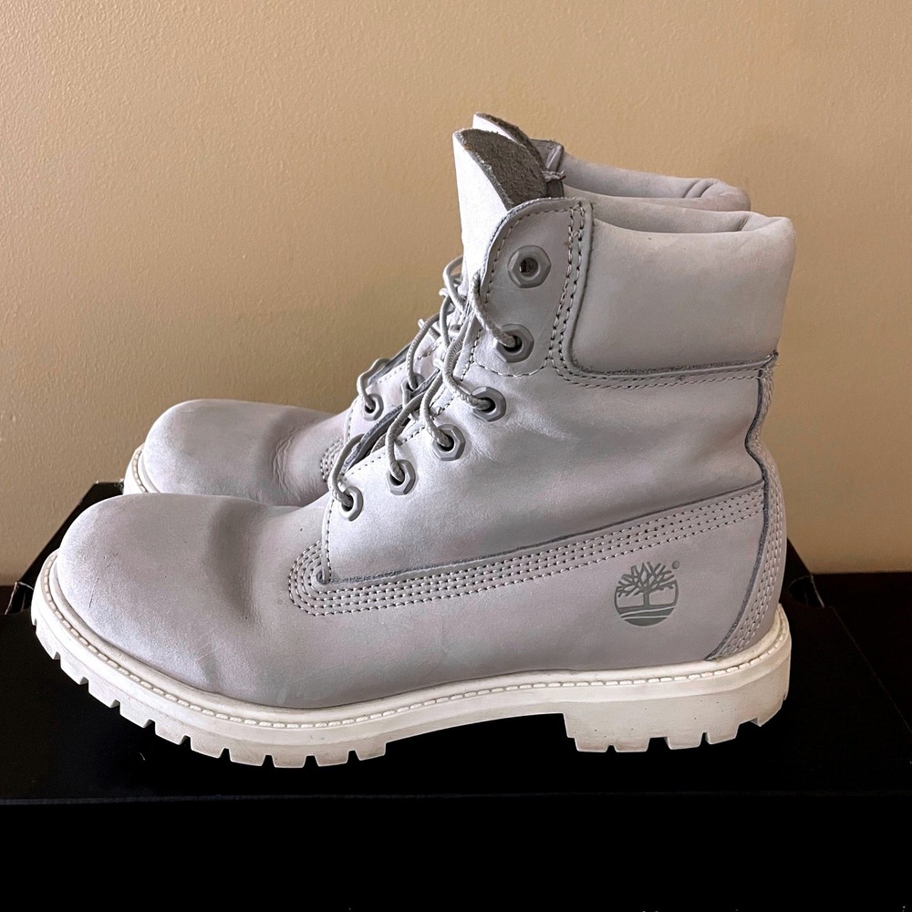 Timberland 6 Inch Premium Waterproof Boots Grey White Leather A149M Women 8.5 M